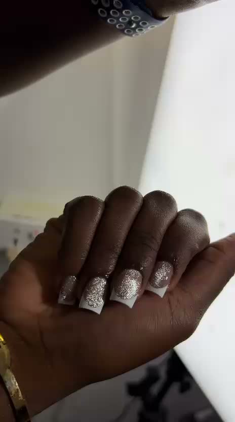 Square nails silver glitter French tips