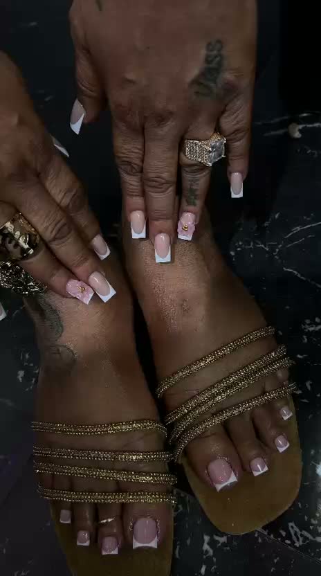 Matching French tip manicure and pedicure with 3D accents